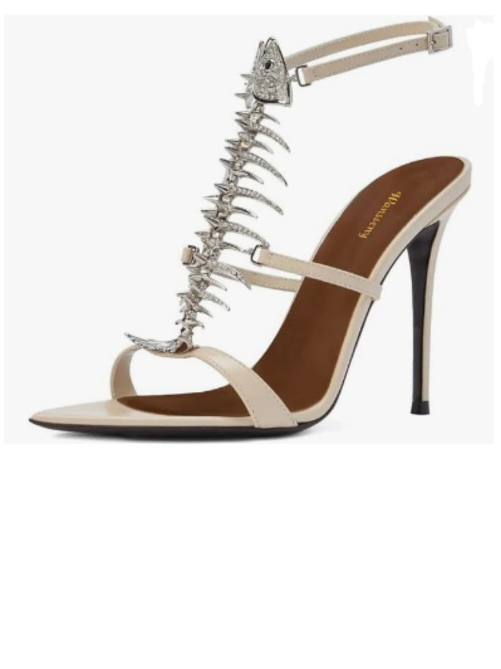 Wansseny Beige Sexy Open Toe Fishbone Rhinestone Sandals Ankle Strap Buckle Shoe
